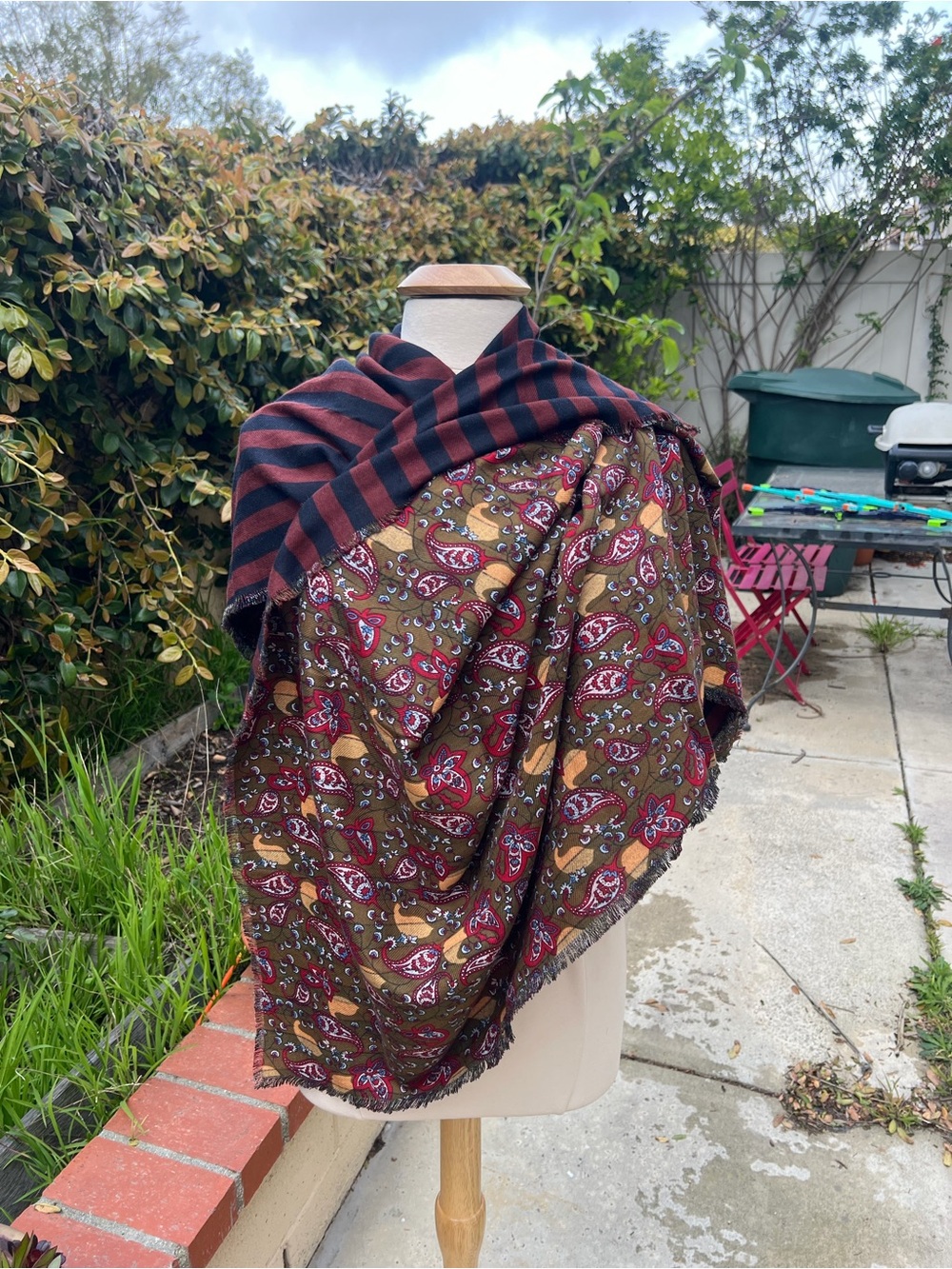 Olive Paisley Print Scarf & Wrap - Red and Gold Accents